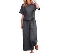 Generico Women's 2 Piece Outfits Linen Lounge Set Tracksuits Loungewear Short Sleeve Crop Top and Wide Leg Pants Matching Set (gray,M)