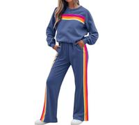 Generico Womens 2 Piece Sets Rainbow Striped Outfit, Color Blocked Casual Sweatshirt, Elastic Waist Wide Leg Pant Sets (Dark Blue,S)