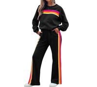 Generico Womens 2 Piece Sets Rainbow Striped Outfit, Color Blocked Casual Sweatshirt, Elastic Waist Wide Leg Pant Sets (Black,XXL)