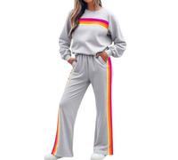 Generico Womens 2 Piece Sets Rainbow Striped Outfit, Color Blocked Casual Sweatshirt, Elastic Waist Wide Leg Pant Sets (Gray,S)