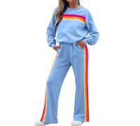 Generico Womens 2 Piece Sets Rainbow Striped Outfit, Color Blocked Casual Sweatshirt, Elastic Waist Wide Leg Pant Sets (Blue,XL)