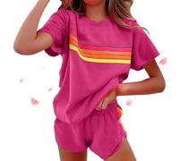 Generico Womens 2 Piece Short Sets Casual Rainbow Striped Crewneck Short Outfits Elastic Shorts Sets New Lounge Tracksuits (Rose,XL)