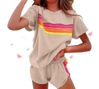 Generico Womens 2 Piece Short Sets Casual Rainbow Striped Crewneck Short Outfits Elastic Shorts Sets New Lounge Tracksuits (Khaki,M)