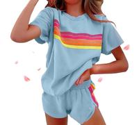 Generico Womens 2 Piece Short Sets Casual Rainbow Striped Crewneck Short Outfits Elastic Shorts Sets New Lounge Tracksuits (Blue,XXL)