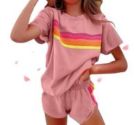 Generico Womens 2 Piece Short Sets Casual Rainbow Striped Crewneck Short Outfits Elastic Shorts Sets New Lounge Tracksuits (Pink,M)
