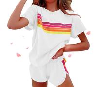 Generico Womens 2 Piece Short Sets Casual Rainbow Striped Crewneck Short Outfits Elastic Shorts Sets New Lounge Tracksuits (White,S)