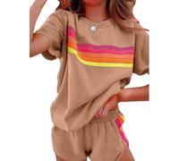 Generico Womens 2 Piece Short Sets Outfits Lounge Tracksuits Sleeve Tops Elastic Shorts Casual Rainbow Striped Crewneck Short (brown,L)