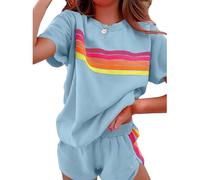 Generico Womens 2 Piece Short Sets Outfits Lounge Tracksuits Sleeve Tops Elastic Shorts Casual Rainbow Striped Crewneck Short (blue,M)