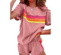 Generico Womens 2 Piece Short Sets Outfits Lounge Tracksuits Sleeve Tops Elastic Shorts Casual Rainbow Striped Crewneck Short (pink,L)