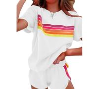 Generico Womens 2 Piece Short Sets Outfits Lounge Tracksuits Sleeve Tops Elastic Shorts Casual Rainbow Striped Crewneck Short (white,L)