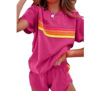 Generico Womens 2 Piece Short Sets Outfits Lounge Tracksuits Sleeve Tops Elastic Shorts Casual Rainbow Striped Crewneck Short (red,L)