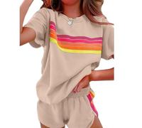 Generico Womens 2 Piece Short Sets Outfits Lounge Tracksuits Sleeve Tops Elastic Shorts Casual Rainbow Striped Crewneck Short (khaki,M)