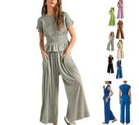 Generico Womens 2 Piece Smocked Top Wide-Leg Pants Set,Matching Set，Gray：XL