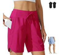 Generico Women's Active 7 Inseam Athletic Long Running High Waistband Shorts,Fast-Drying Lightweight Drawstring Shorts with Pocket (IT,L, Regular, Regular, Rose Red)