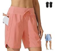 Generico Women's Active 7 Inseam Athletic Long Running High Waistband Shorts,Fast-Drying Lightweight Drawstring Shorts with Pocket (IT,L, Regular, Regular, Coral)