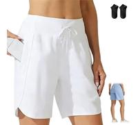 Generico Women's Active 7 Inseam Athletic Long Running High Waistband Shorts,Fast-Drying Lightweight Drawstring Shorts with Pocket (IT,M, Regular, Regular, White)