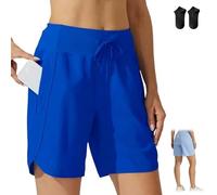 Generico Women's Active 7 Inseam Athletic Long Running High Waistband Shorts,Fast-Drying Lightweight Drawstring Shorts with Pocket (IT,L, Regular, Regular, Blue)