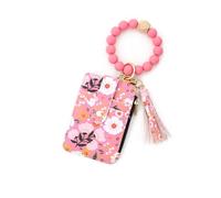Generico Women's Beaded Wristlet Wallet & Keychain - Floral/Leopard Print Card Holder with Tassels (A)