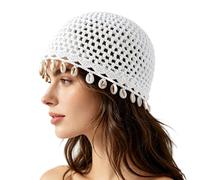 Generico Women's Bohemian Crochet Hat with Shell Women's Chic Shell Trim Crochet Beanie Handmade Boho Hat for Beach Travel (White)