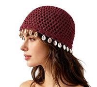 Generico Women's Bohemian Crochet Hat with Shell Women's Chic Shell Trim Crochet Beanie Handmade Boho Hat for Beach Travel (Burgundy)