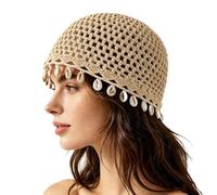 Generico Women's Bohemian Crochet Hat with Shell Women's Chic Shell Trim Crochet Beanie Handmade Boho Hat for Beach Travel (Khaki)