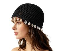 Generico Women's Bohemian Crochet Hat with Shell Women's Chic Shell Trim Crochet Beanie Handmade Boho Hat for Beach Travel (Black)