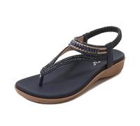 Generico Women's Bohemian Rhinestone T-strap Flat Sandals Summer Comfortable Flipflops,Sparkling Rhinestones (blue, Adulto, 42, Numero, Sistema Taglie Calzature EU, Media)