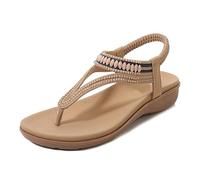 Generico Women's Bohemian Rhinestone T-strap Flat Sandals Summer Comfortable Flipflops,Sparkling Rhinestones (apricot, Adulto, 41, Numero, Sistema Taglie Calzature EU, Media)
