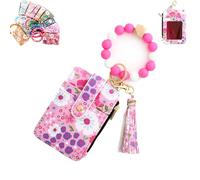 Generico Women's Boho Beaded Wallet with Flower Pattern, Boho Style Beaded & Tassel Decorated Keychain, Credit Card Holder Purse (Red)