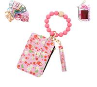 Generico Women's Boho Beaded Wallet with Flower Pattern, Boho Style Beaded & Tassel Decorated Keychain, Credit Card Holder Purse (Strawberry)