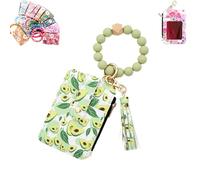 Generico Women's Boho Beaded Wallet with Flower Pattern, Boho Style Beaded & Tassel Decorated Keychain, Credit Card Holder Purse (Avocado)