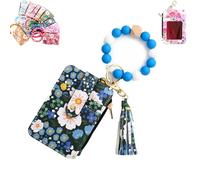 Generico Women's Boho Beaded Wallet with Flower Pattern, Boho Style Beaded & Tassel Decorated Keychain, Credit Card Holder Purse (Dark Blue)