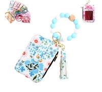 Generico Women's Boho Beaded Wallet with Flower Pattern, Boho Style Beaded & Tassel Decorated Keychain, Credit Card Holder Purse (Blue)