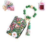 Generico Women's Boho Beaded Wallet with Flower Pattern, Boho Style Beaded & Tassel Decorated Keychain, Credit Card Holder Purse (Green)