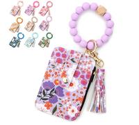 Generico Women's Boho Beaded Wallet with Flower Pattern Boho Style Beaded Tassel Decorated Keychain Wristlet Wallet Card Holder Purse (Light purple)
