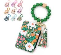 Generico Women's Boho Beaded Wallet with Flower Pattern Boho Style Beaded Tassel Decorated Keychain Wristlet Wallet Card Holder Purse (Green)