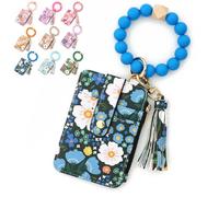 Generico Women's Boho Beaded Wallet with Flower Pattern Boho Style Beaded Tassel Decorated Keychain Wristlet Wallet Card Holder Purse (Dark blue)