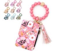 Generico Women's Boho Beaded Wallet with Flower Pattern Boho Style Beaded Tassel Decorated Keychain Wristlet Wallet Card Holder Purse (Dark pink)