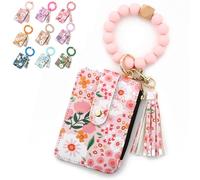 Generico Women's Boho Beaded Wallet with Flower Pattern Boho Style Beaded Tassel Decorated Keychain Wristlet Wallet Card Holder Purse (Light pink)