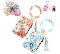 Generico Women's Boho Beaded Wallet with Flower Pattern, Boho Style Beaded Tassel Keychain Wallets, Wristlet Keychainwallet with Flower Patterns (2PCS D)