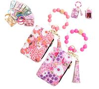 Generico Women's Boho Beaded Wallet with Flower Pattern, Boho Style Beaded Tassel Keychain Wallets, Wristlet Keychainwallet with Flower Patterns (2PCS B)