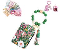 Generico Women's Boho Beaded Wallet with Flower Pattern, Boho Style Beaded Tassel Keychain Wallets, Wristlet Keychainwallet with Flower Patterns (green)