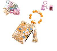 Generico Women's Boho Beaded Wallet with Flower Pattern, Boho Style Beaded Tassel Keychain Wallets, Wristlet Keychainwallet with Flower Patterns (yellow)