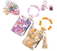 Generico Women's Boho Beaded Wallet with Flower Pattern, Boho Style Beaded Tassel Keychain Wallets, Wristlet Keychainwallet with Flower Patterns (2PCS F)