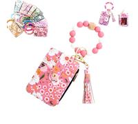 Generico Women's Boho Beaded Wallet with Flower Pattern, Boho Style Beaded Tassel Keychain Wallets, Wristlet Keychainwallet with Flower Patterns (dark pink)