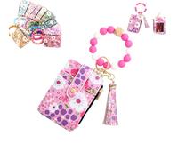 Generico Women's Boho Beaded Wallet with Flower Pattern, Boho Style Beaded Tassel Keychain Wallets, Wristlet Keychainwallet with Flower Patterns (rose red)