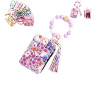 Generico Women's Boho Beaded Wallet with Flower Pattern, Boho Style Beaded Tassel Keychain Wallets, Wristlet Keychainwallet with Flower Patterns (light purple)