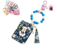 Generico Women's Boho Beaded Wallet with Flower Pattern, Boho Style Beaded Tassel Keychain Wallets, Wristlet Keychainwallet with Flower Patterns (dark blue)