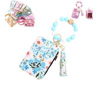 Generico Women's Boho Beaded Wallet with Flower Pattern, Boho Style Beaded Tassel Keychain Wallets, Wristlet Keychainwallet with Flower Patterns (light blue)