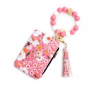 Generico Women's Boho Beaded Wallet with Flower Pattern, Boho Wristlet Wallet, Women Beaded & Tassel Decorated Keychain (Pink)